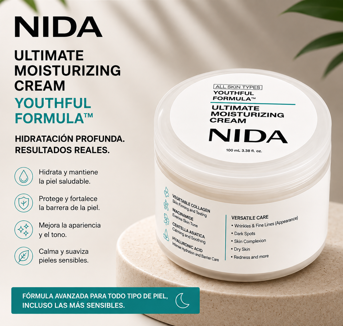Crema Hidratante NIDA 100 mL, fórmula coreana con ácido hialurónico, niacinamida, centella asiática y colágeno vegetal