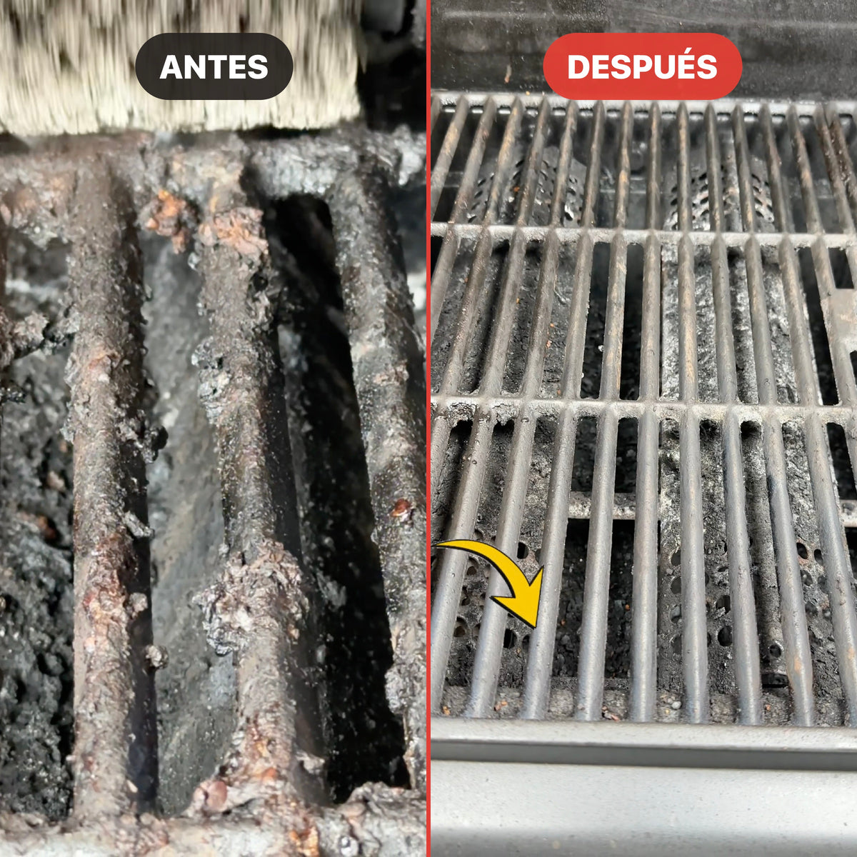 Antes y después: parrilla con costra quemada a la izquierda y barras limpias a la derecha tras usar el cepillo eléctrico