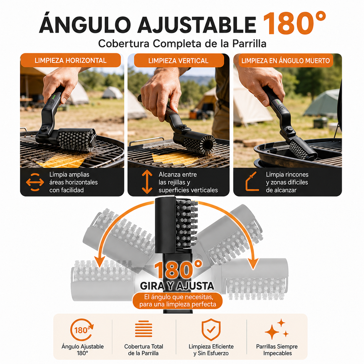 Ángulo ajustable de 180 grados para limpieza horizontal, vertical y de rincones difíciles de la parrilla