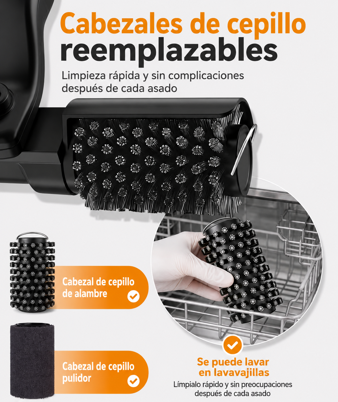 Cabezales reemplazables: cabezal de alambre y cabezal pulidor, ambos lavables en el lavavajillas