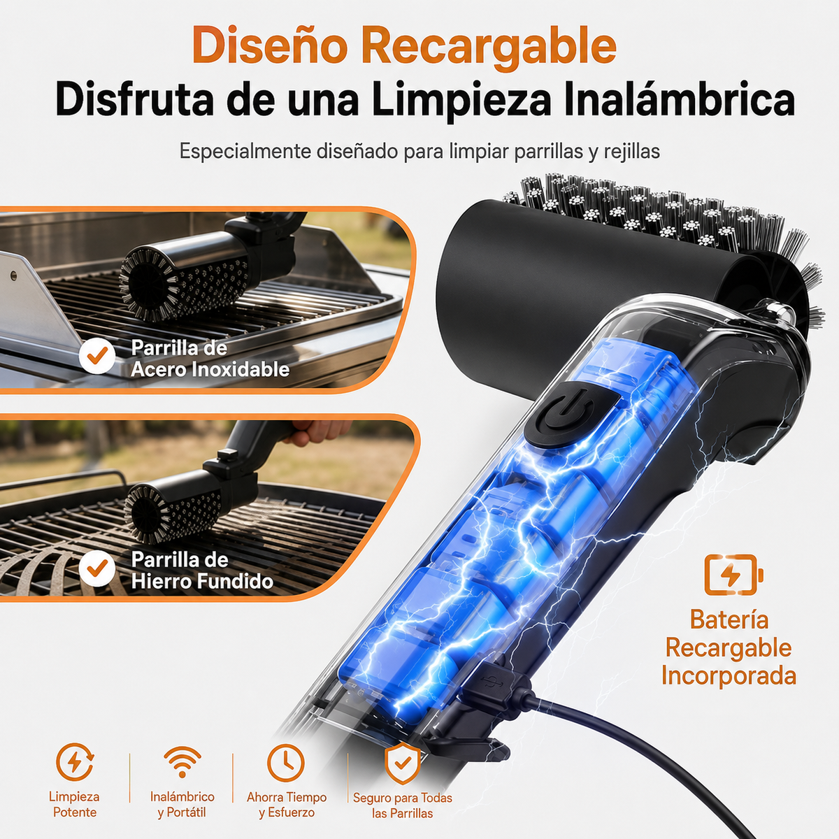 Diseño inalámbrico con batería recargable incorporada, compatible con parrillas de acero inoxidable y de hierro fundido