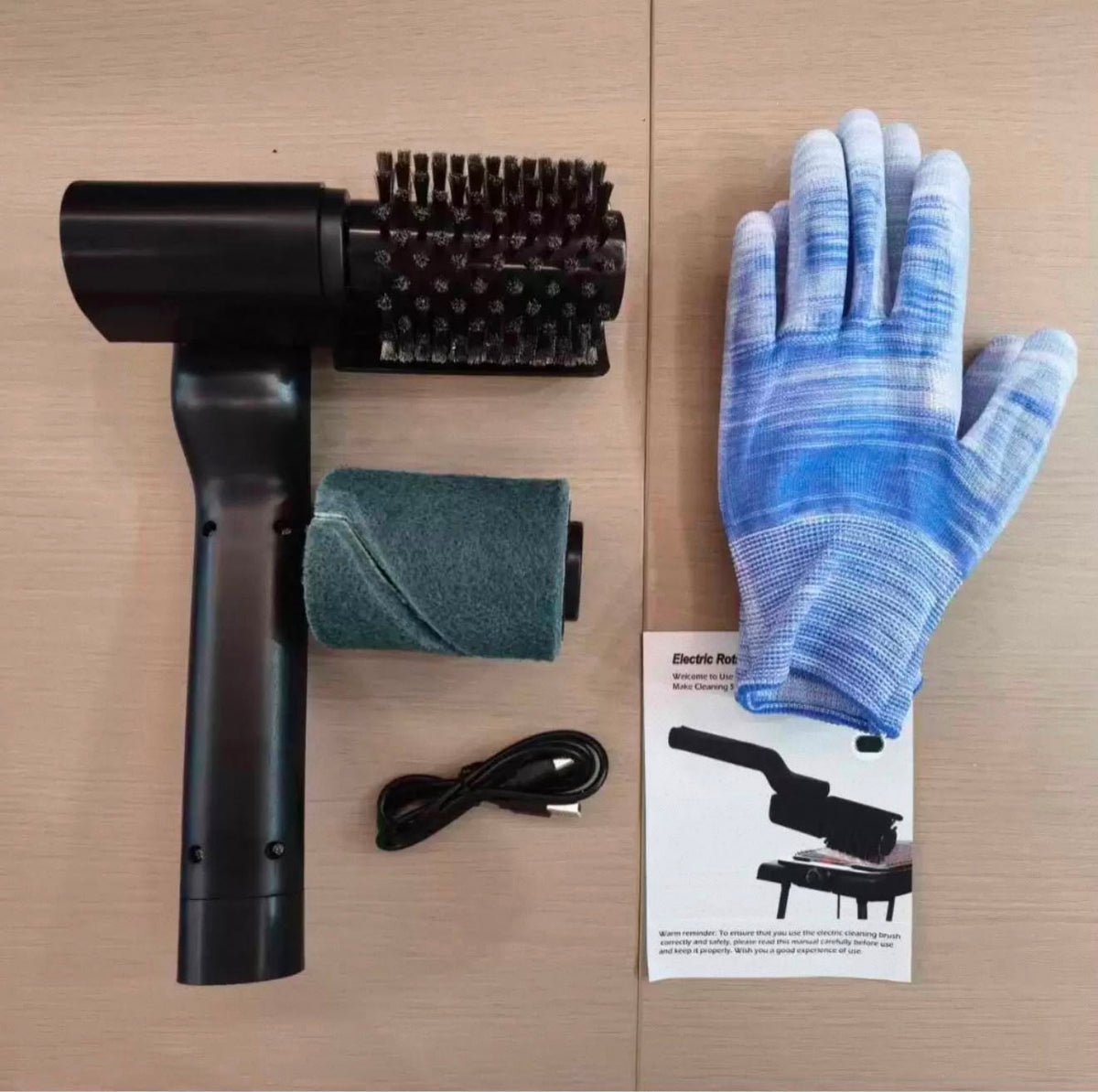 Contenido real de la caja: cepillo, cabezal de alambre, esponja pulidora, guantes, cable USB-C y manual