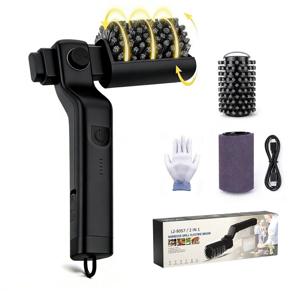 Cepillo eléctrico para parrilla con su caja, cabezal de repuesto, guantes, esponja pulidora y cable USB-C
