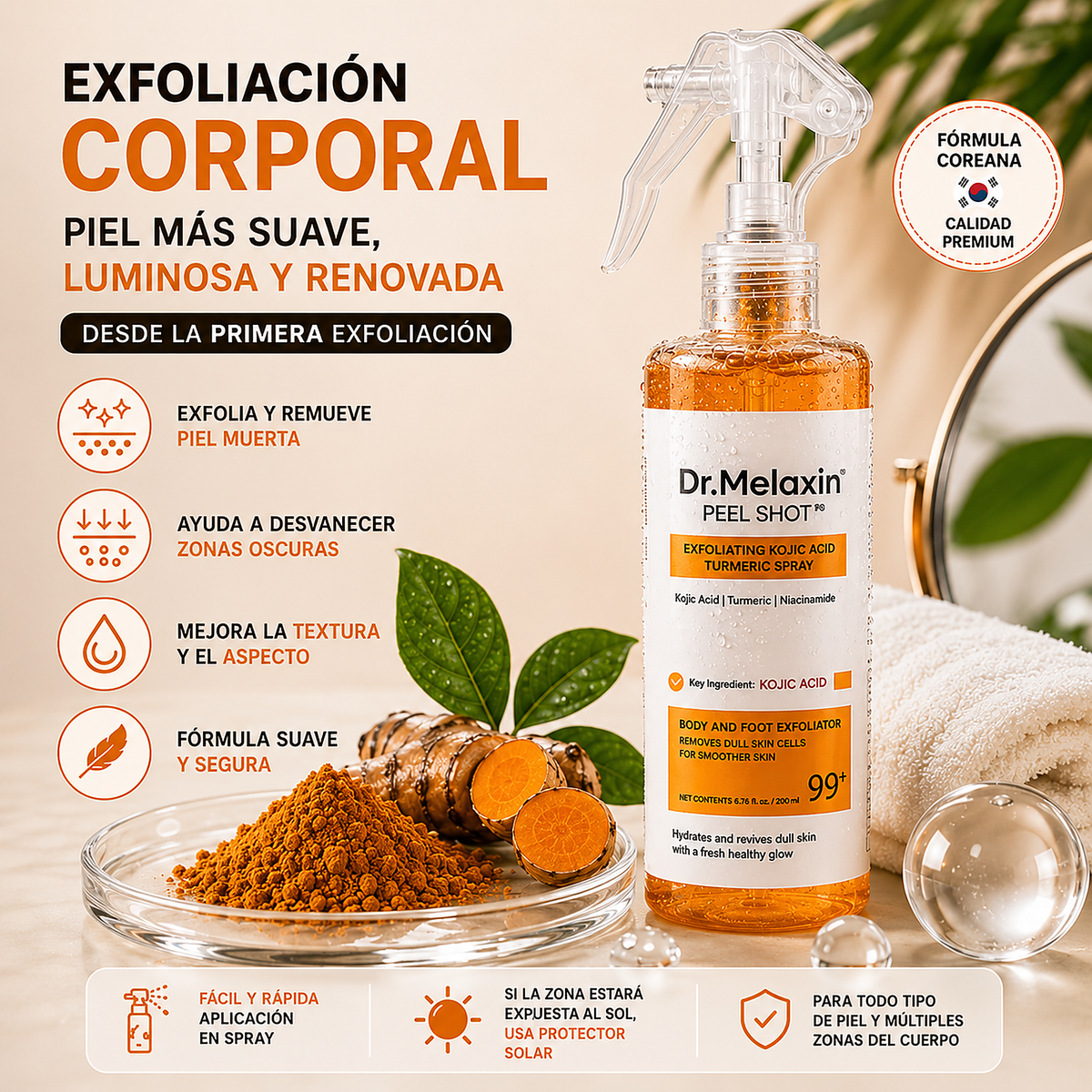 Dr. Melaxin Peel Shot 200 ml, spray exfoliante corporal de fórmula coreana con ácido kójico, cúrcuma y niacinamida