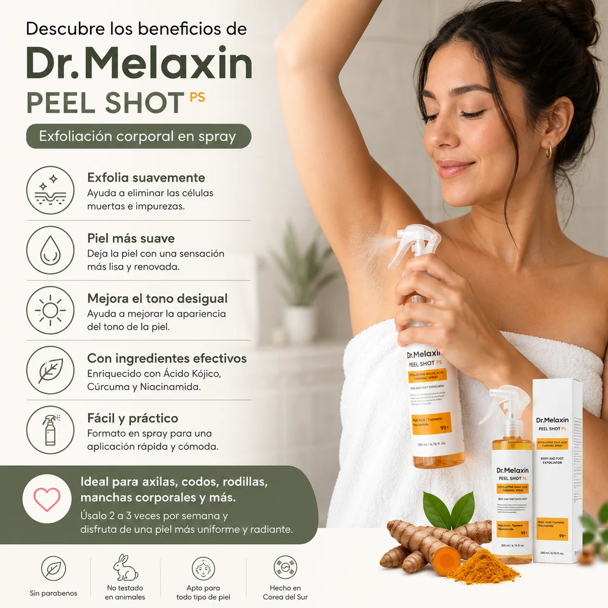 Beneficios de Dr. Melaxin: exfolia suavemente, piel más suave, ayuda a mejorar el tono desigual